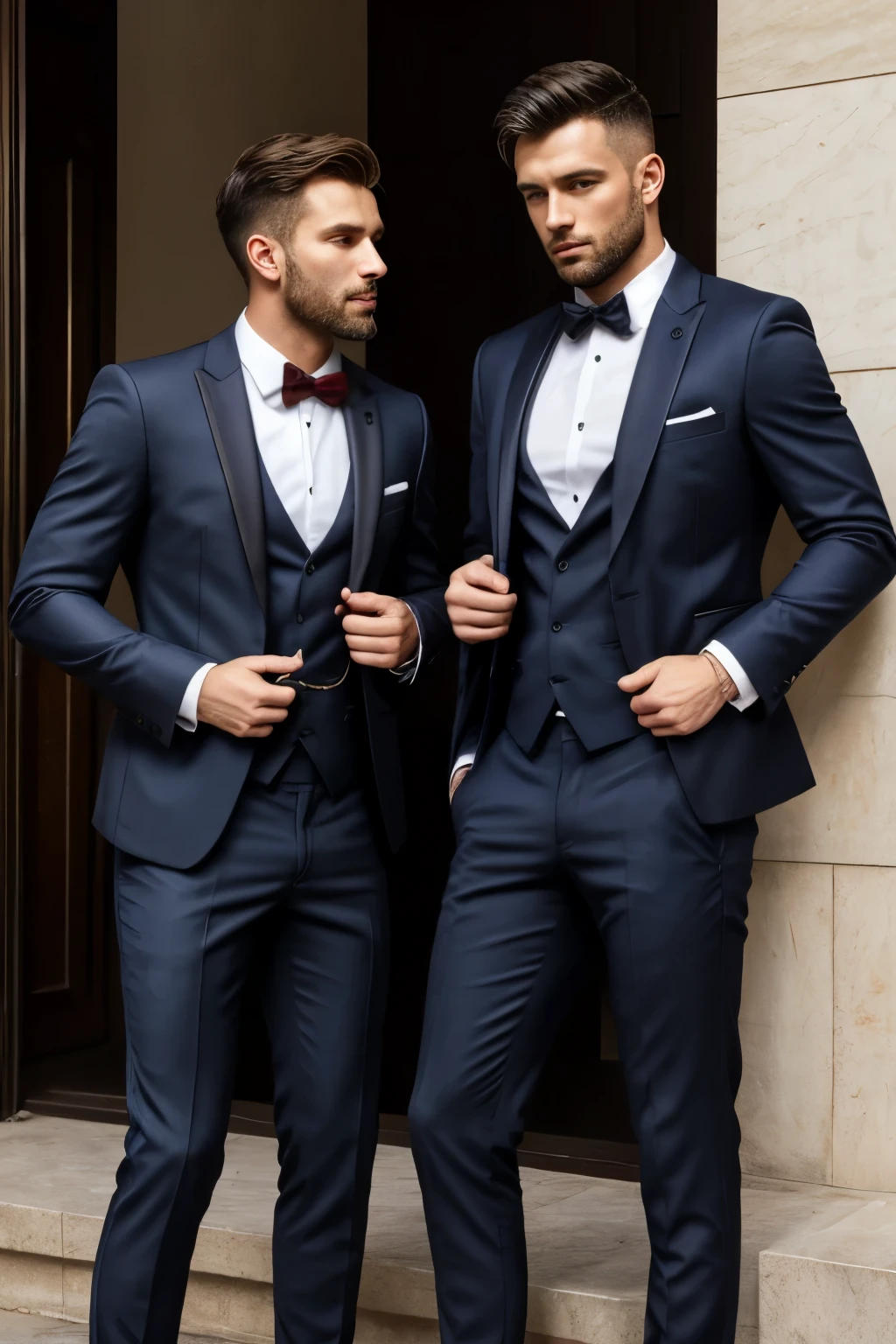 there are two men in suits standing next to each other, dois homens bonitos, Greg Rutkowski e Jakub Rebelka, homens em smokings, bem vestido, usando um smoking, usando smoking, vestindo ternos!, vestindo um terno, bem - vestido, Gay, Artem, gravata preta, em terno estrito, traje formal, Ternos, Dois homens de preto