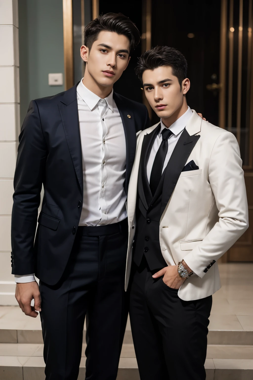 there are two men in suits standing next to each other, dois homens bonitos, Greg Rutkowski e Jakub Rebelka, homens em smokings, bem vestido, usando um smoking, usando smoking, vestindo ternos!, vestindo um terno, bem - vestido, Gay, Artem, gravata preta, em terno estrito, traje formal, Ternos, Dois homens de preto