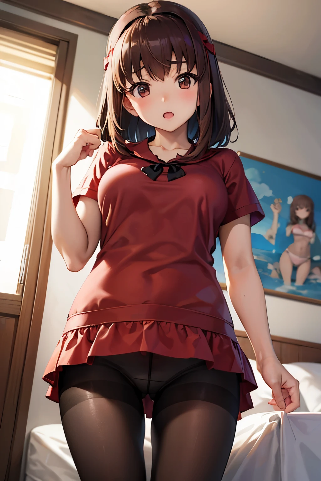 Taeko Kondo、Girls&Panzer、Brown Hair、Short Hair、((pantyhose))、Photo from below、Medium chest、Bedroom、(Swimwear)、Red ribbon、Black Panties、