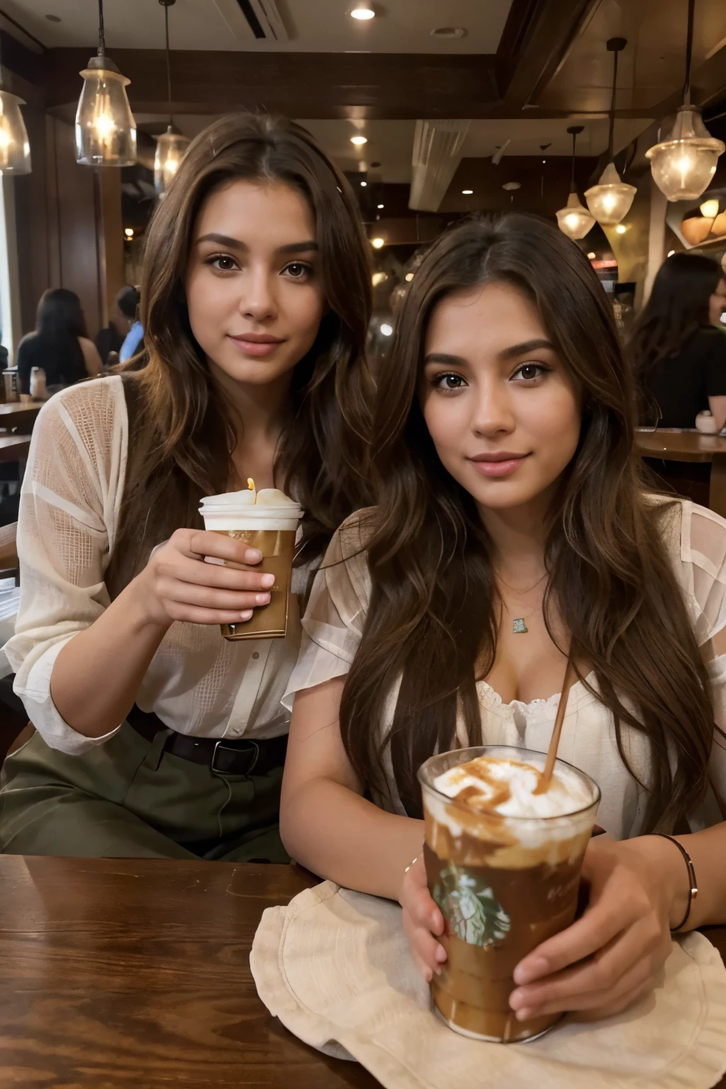 A strikingly beautiful Instagram model with long, luscious light brown wavy hair and mesmerizing deep brown eyes sits at a table in Starbucks with a friend, both enjoying frappuccinos. The image captures a moment of casual glamour and friendship in a cozy cafe setting. The model's features are perfectly highlighted, radiating a sense of allure and warmth. The quality of the photograph is exceptional, with vivid colors and sharp focus
