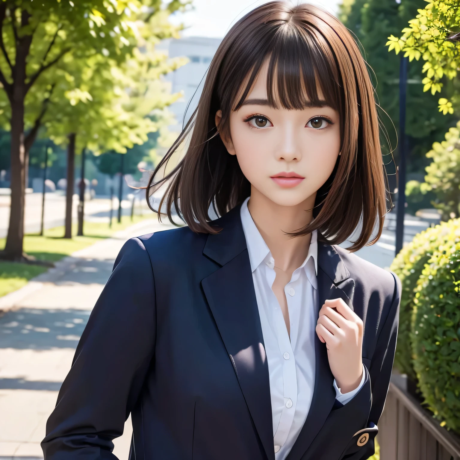 18 year old high school girl、Blazer uniform、Upper Body View、Ultra-high resolution、Powerful Images、8K Slender Woman、Brown hair short bob