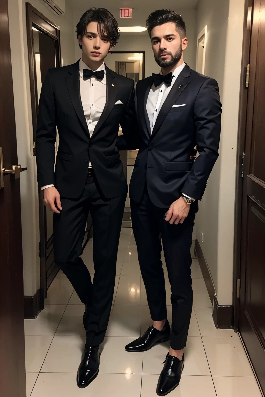 there are two men in suits standing next to each other, dois homens bonitos, Greg Rutkowski e Jakub Rebelka, homens em smokings, bem vestido, usando um smoking, usando smoking, vestindo ternos!, vestindo um terno, bem - vestido, Gay, Artem, gravata preta, em terno estrito, traje formal, Ternos, Dois homens de preto