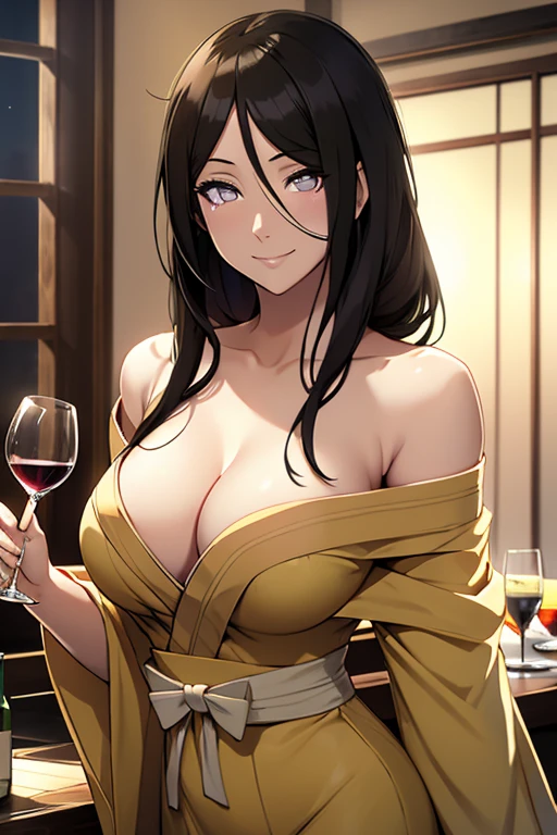 light effect, soft, super clear, high-definition picture, (front), masterpiece, cinematic lighting, Hyuga Hanabi, byakugan eyes, black hair, 1girl, solo, looking at viewer, smile, small breast, open shoulder, green long dress, wine glass holding, gala dinner