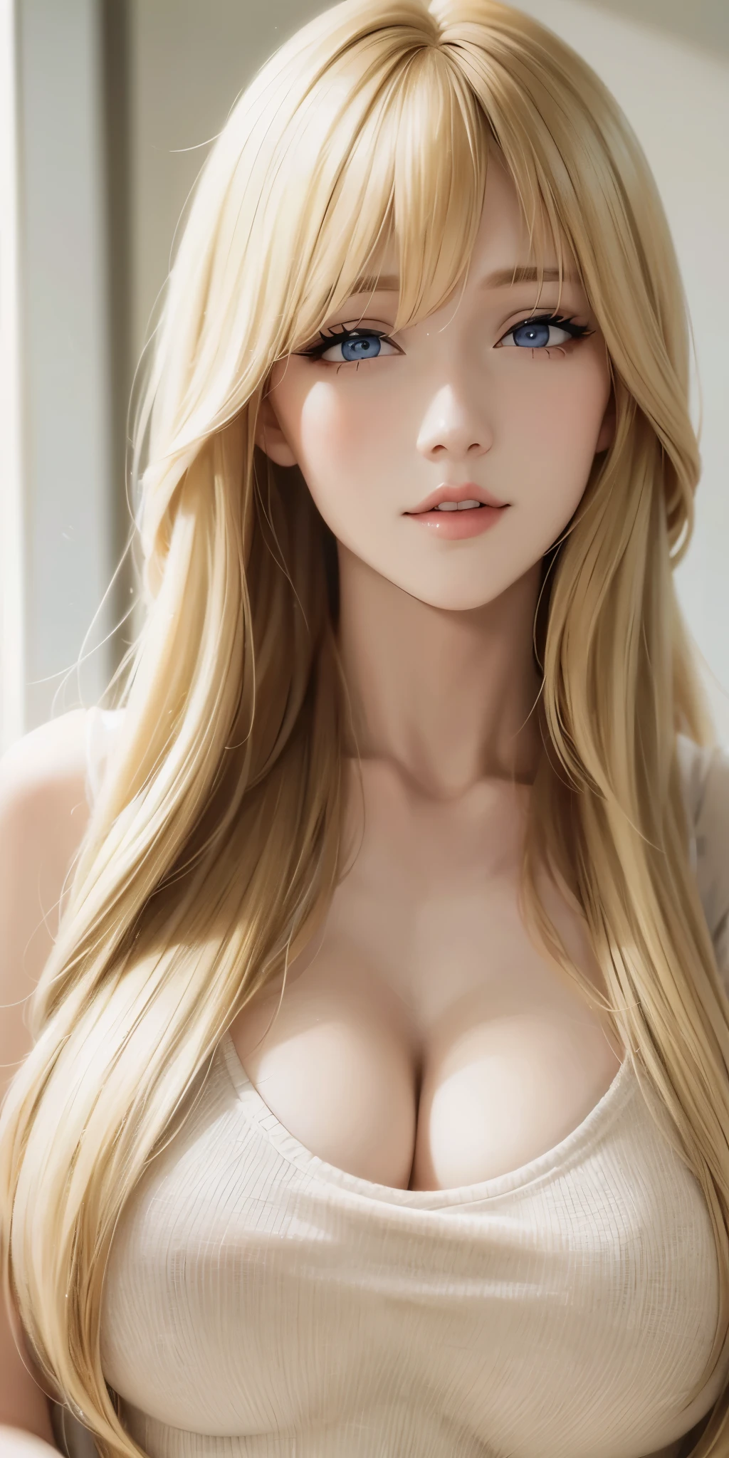 housewife adult woman, long neck, blonde hair, long hair, bangs, casual clothes, cleavage, soft light, high quality, 4k resolution