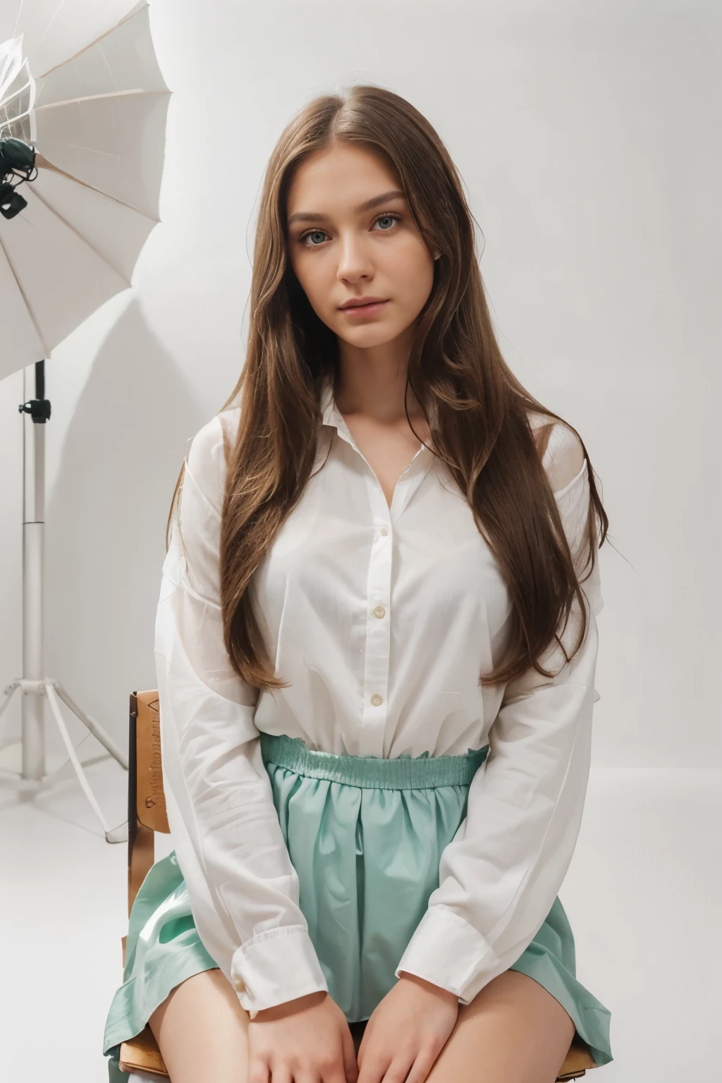 20 years old (hyper realistic)) Girl cute with (long straight dark blond hair) (beautiful nose)) ((cheekbones)) with (dark green eyes) , photo, fashion portrait in ((photostudio:1)), modeling posed:1.2, sitting in the chair:1.2, centered, uncropped, mood for instagram, ultra resolution, (Photorealist: 1.4), looking on camera, ((standing straight:1.1)), 8K, topquality, (((white background)), gentle sweet face, natural makeup, photo RAW, HDR