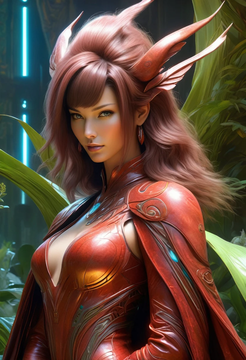 best quality,4k,8k,highres,masterpiece:1.2,ultra-detailed,realistic:1.37,HDR,UHD,studio lighting,ultra-fine painting,sharp focus,physically-based rendering,(Yoshitaka Amano style:1.1),SFW,(safe for work), A woman and her guardian familiar, mystical creature,otherworldly creature,enchanting companions,wearing stylish futuristic clothes,inspired by Phantasy Star Online, dynamic poses, (The woman, with her eyes brightly colored, no makeup and her facial features elegantly detailed, adding to her allure. Dressed in elegant casual clothes with a stylish futuristic jacket.), (She is accompanied by a guardian, a crystalline Golem made of ruby and sunstone with thick limbs. The creature's presence adds a sense of wonder and magic to the scene.), (The woman and her companion stand in a dark and gothic city, a modern metropolis with surreal plants, and vibrant signs. The colors are vibrant, with a mixture of olive, browns, and pale reds creating a dreamlike atmosphere.), (The lighting is soft but illuminating, casting a gentle glow on both the woman and the creature.), (The overall composition has a realistic and photorealistic quality, capturing the essence of the scene in intricate detail.), (The art style is inspired by Yoshitaka Amano, known for his ethereal and otherworldly illustrations. The combination of realistic elements with the artist's unique style creates a captivating and visually stunning image.),Greg Rutkowski, Olivia Munn:1.37