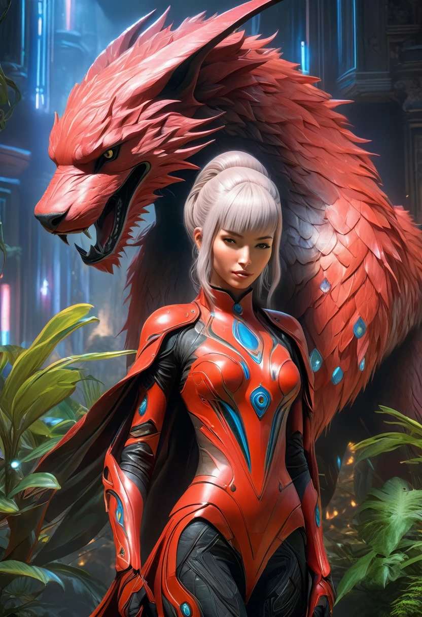 best quality,4k,8k,highres,masterpiece:1.2,ultra-detailed,realistic:1.37,HDR,UHD,studio lighting,ultra-fine painting,sharp focus,physically-based rendering,(Yoshitaka Amano style:1.1),SFW,(safe for work), A woman and her guardian familiar, mystical creature,otherworldly creature,enchanting companions,wearing stylish futuristic clothes,inspired by Phantasy Star Online, dynamic poses, (The woman, with her eyes brightly colored, no makeup and her facial features elegantly detailed, adding to her allure. Dressed in elegant casual clothes with a stylish futuristic jacket.), (She is accompanied by a guardian, a crystalline Golem made of ruby and sunstone with thick limbs. The creature's presence adds a sense of wonder and magic to the scene.), (The woman and her companion stand in a dark and gothic city, a modern metropolis with surreal plants, and vibrant signs. The colors are vibrant, with a mixture of olive, browns, and pale reds creating a dreamlike atmosphere.), (The lighting is soft but illuminating, casting a gentle glow on both the woman and the creature.), (The overall composition has a realistic and photorealistic quality, capturing the essence of the scene in intricate detail.), (The art style is inspired by Yoshitaka Amano, known for his ethereal and otherworldly illustrations. The combination of realistic elements with the artist's unique style creates a captivating and visually stunning image.),Greg Rutkowski, Olivia Munn:1.37