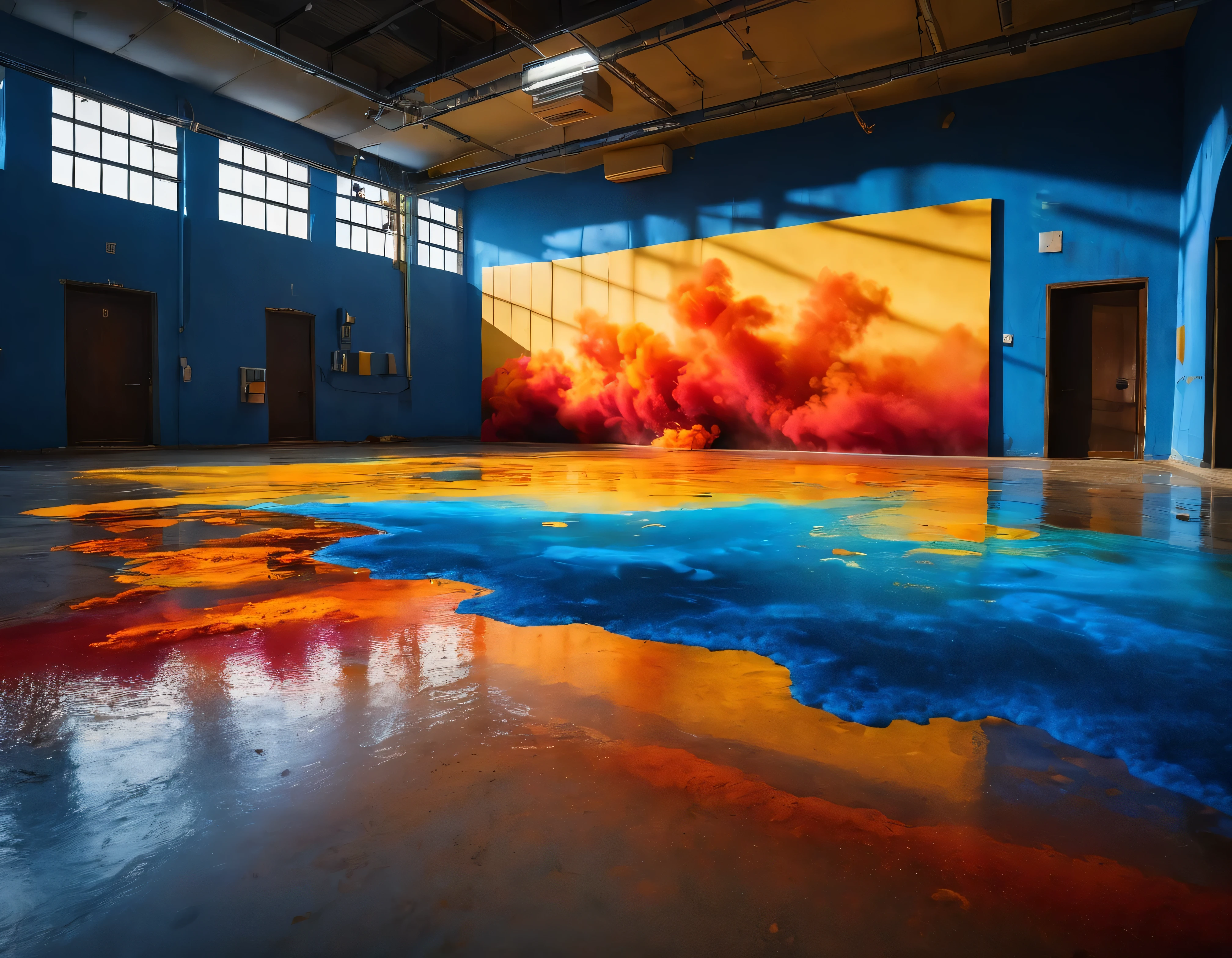A wide concrete floor with yellow and red smoke, giving an orange tone, floor with little water, background with intense blue bloom, surrounding building, orange and yellow bokeh effect, dark place with perfect lighting,Vibrant Colors, Gradients, drop shadow, stereogram, tachi-e, cinematic lighting, 8k, super detail, ccurate, best quality, highres, award winning, textured skin, anatomically correct, ccurate, retina, UHD
