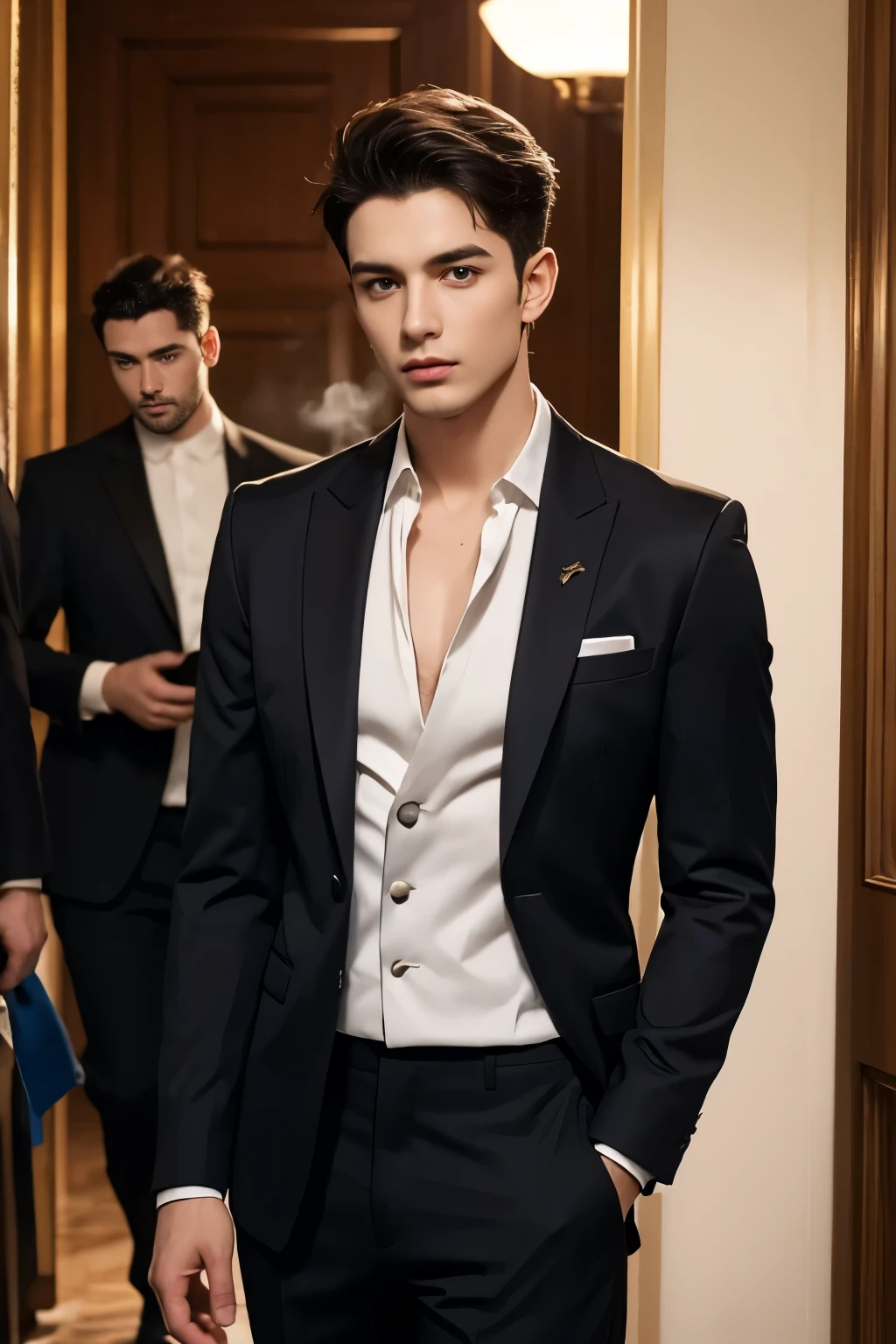 there are two men in suits standing next to each other, dois homens bonitos, Greg Rutkowski e Jakub Rebelka, homens em smokings, bem vestido, usando um smoking, usando smoking, vestindo ternos!, vestindo um terno, bem - vestido, Gay, Artem, gravata preta, em terno estrito, traje formal, Ternos, Dois homens de preto