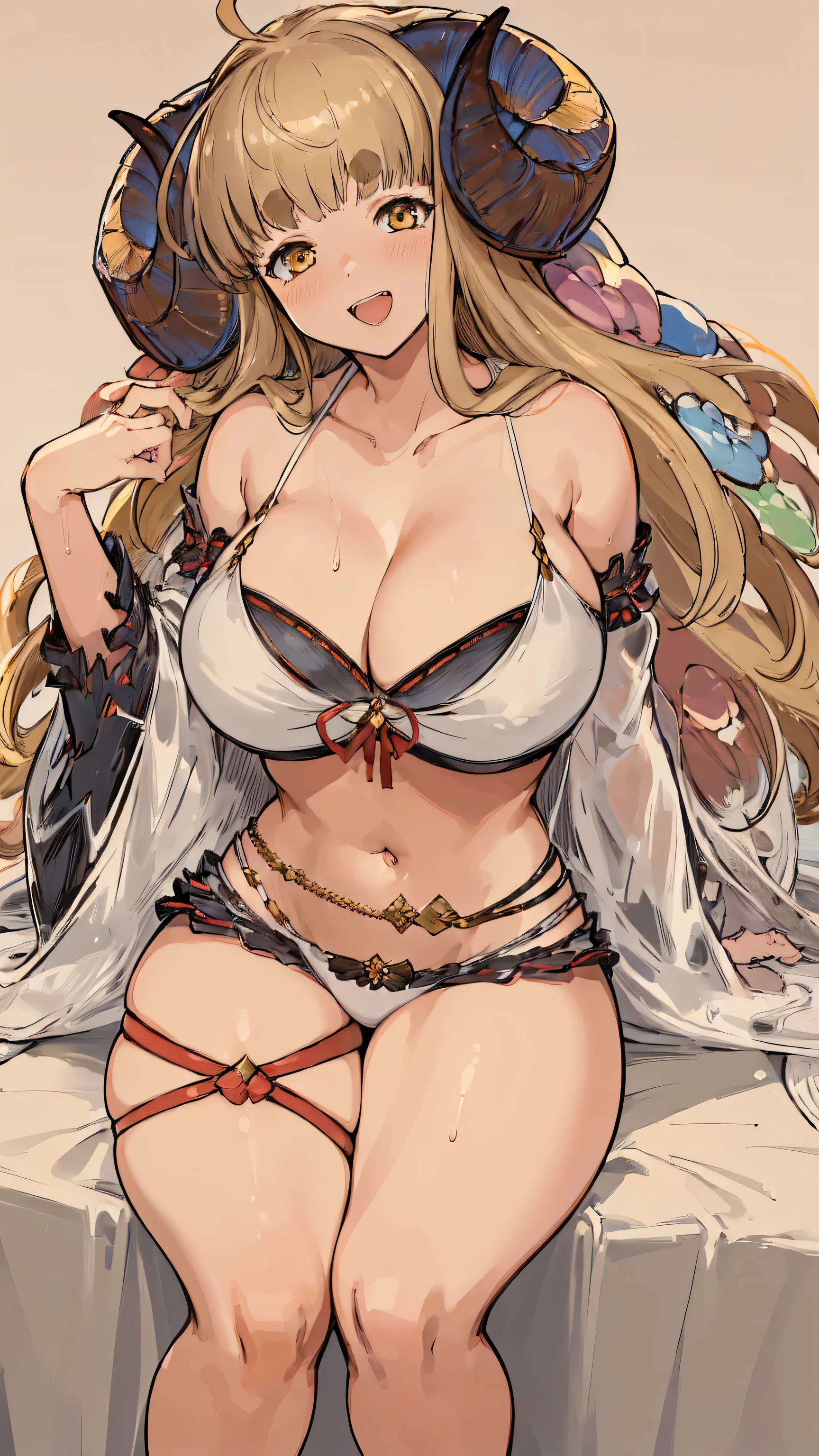 ((highest quality, 8K, masterpiece :1.3)),Ultra detailed face, 1 adult female,Anila,GRANBLUE FANTASY,Voluptuous body,Large Breasts,Big Ass,NSFW,Sex,Leg spread,Sexy pose,laughing,low length