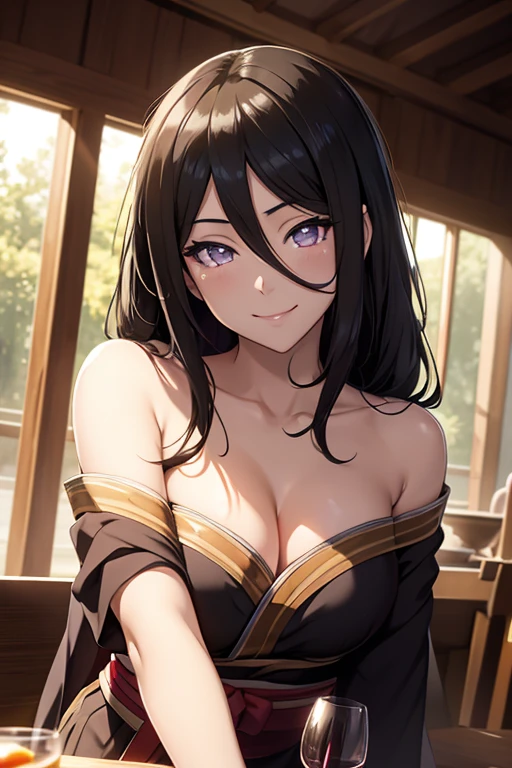 light effect, soft, super clear, high-definition picture, (front), masterpiece, cinematic lighting, Hyuga Hanabi, byakugan eyes, black hair, 1girl, solo, looking at viewer, smile, small breast, open shoulder, green lingeries, wine glass holding, gala dinner