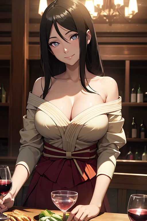 light effect, soft, super clear, high-definition picture, (front), masterpiece, cinematic lighting, Hyuga Hanabi, byakugan eyes, black hair, 1girl, solo, looking at viewer, smile, small breast, open shoulder, green lingeries, wine glass holding, gala dinner