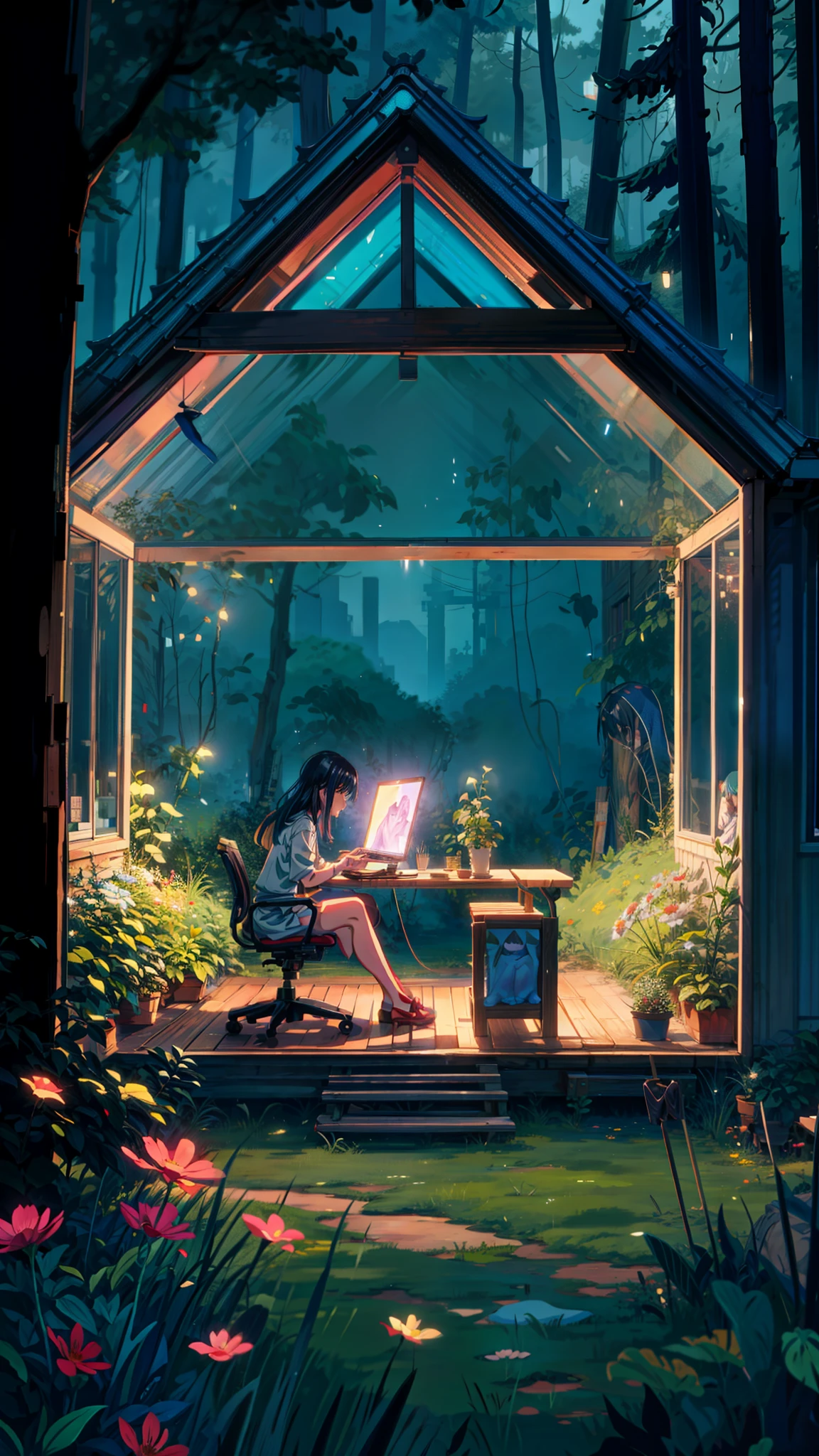 a painting of a girl sitting on chair working on laptop in a glass transparent cabin in the woods, fairy lights, grass, multicolored flowers, lo-fi, lofi art style, by Atey Ghailan, simin stalenhag, inspired by Pascale Campion, neon lights, blurry and dreamy illustration, ( ( ( yoshinari yoh ) ) ), loish and goro fujita, by Pascale Campion, tuomas korpi and wlop, Simon Stellenhag, 4k hd,, beautiful art uhd 4 k, a beautiful artwork illustration, beautiful digital painting, highly detailed digital painting, beautiful digital artwork, detailed painting 4 k, very detailed digital painting, rich picturesque colors, gorgeous digital painting, saturated, no human