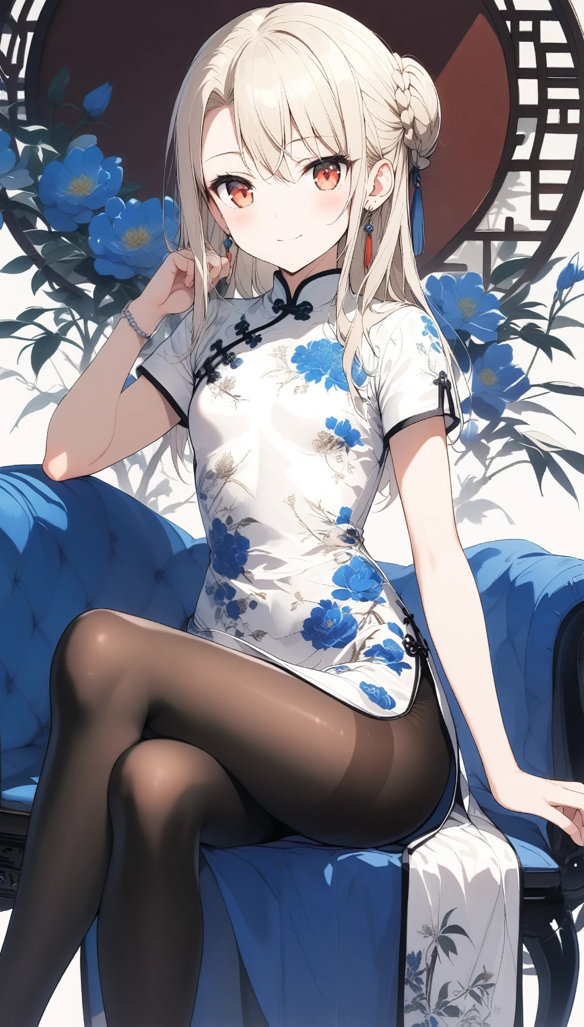 qipao,1girl,(illyasviel von einzbern),red_eyes,cream hair,(french braid),smile,blue flower,breasts,china dress,chinese clothes,dress,earrings,floral print,cloth shoes,hand up,sitting,crossed legs,long hair,looking at viewer,pantyhose,print dress,simple background,smile,solo,white background