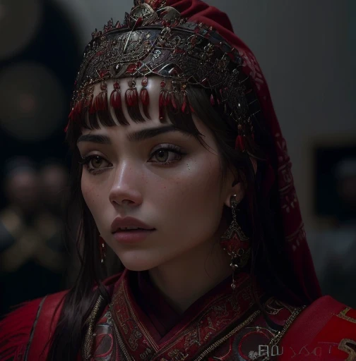 Close-up of a woman wearing a red headdress and red scarf., frame from a science fiction film, Imogen Poots as a holy warrior, screenshot from the film, more from the movie, inspired by Liu Ji, more from the movie, more from the movie, beautiful iranian woman, young woman in the image of Genghis Khan