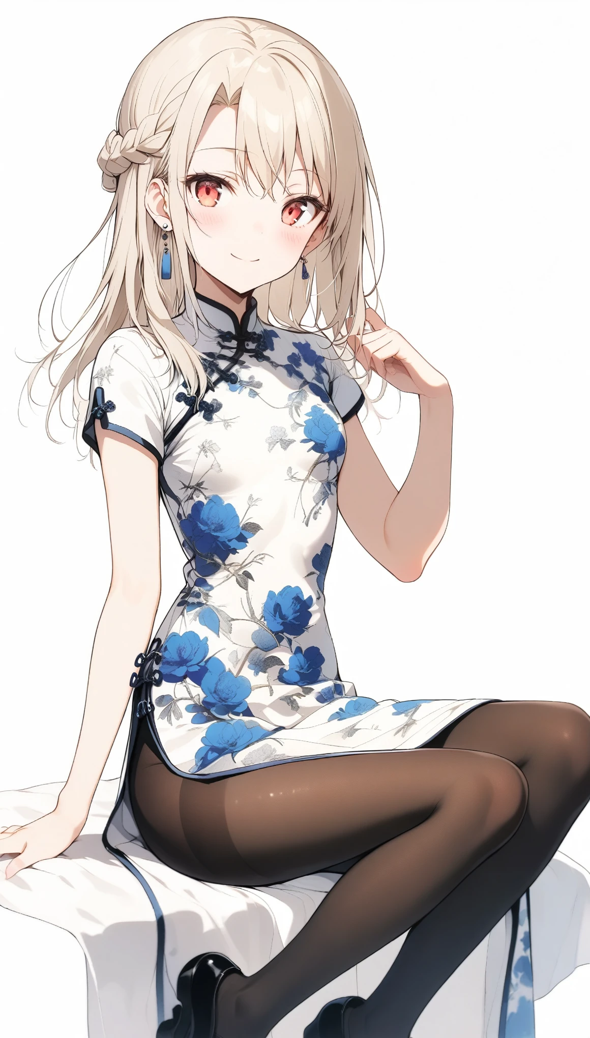 qipao,1girl,(illyasviel von einzbern),red_eyes,cream hair,(french braid),smile,blue flower,breasts,china dress,chinese clothes,dress,earrings,floral print,cloth shoes,hand up,sitting,long hair,looking at viewer,pantyhose,print dress,simple background,smile,solo,white background
