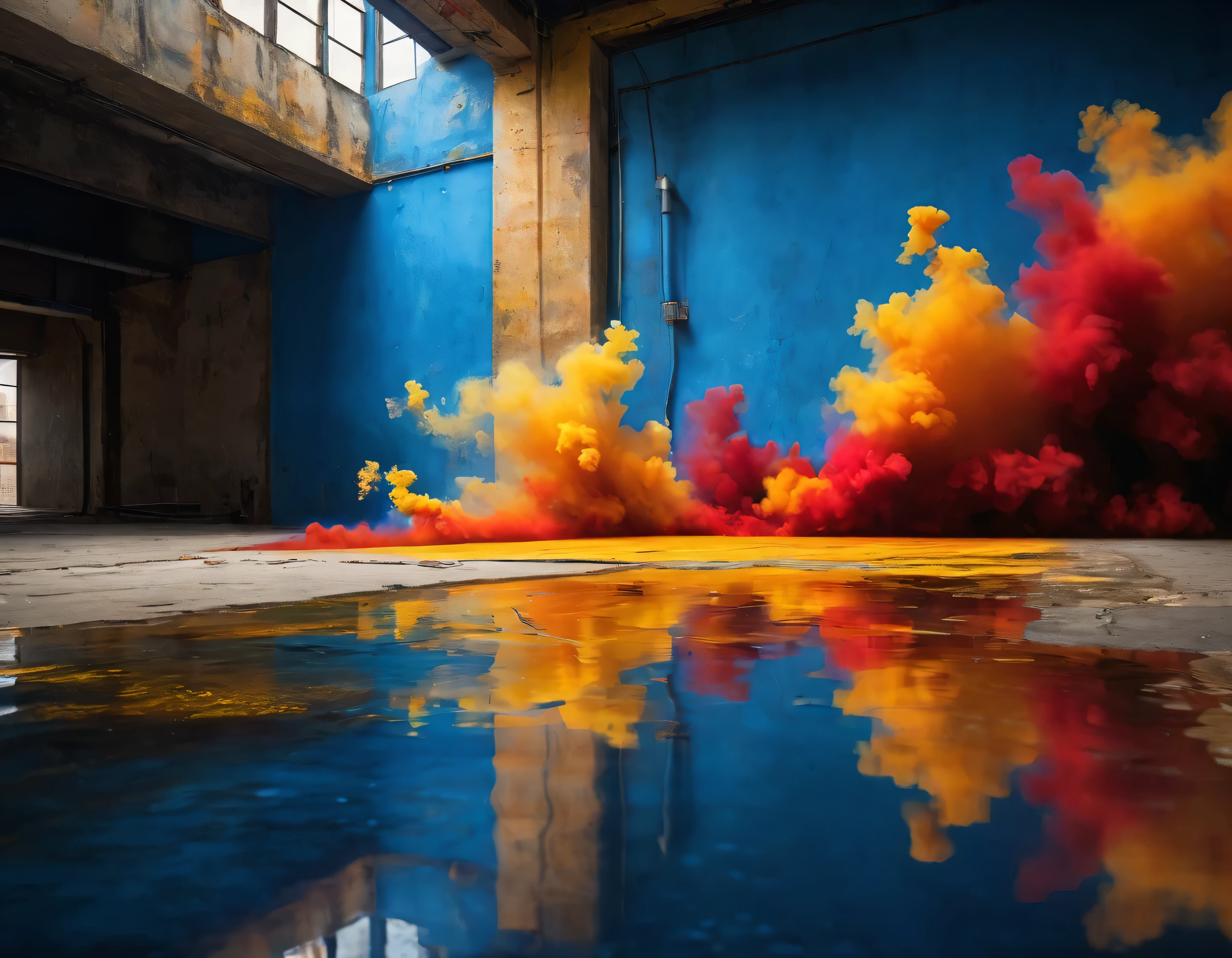 A wide concrete floor with yellow and red smoke, giving an orange tone, floor with little water, background with intense blue bloom, surrounding building, orange and yellow bokeh effect, dark place with perfect lighting,Vibrant Colors, Gradients, drop shadow, stereogram, tachi-e, cinematic lighting, 8k, super detail, ccurate, best quality, highres, award winning, textured skin, anatomically correct, ccurate, retina, UHD