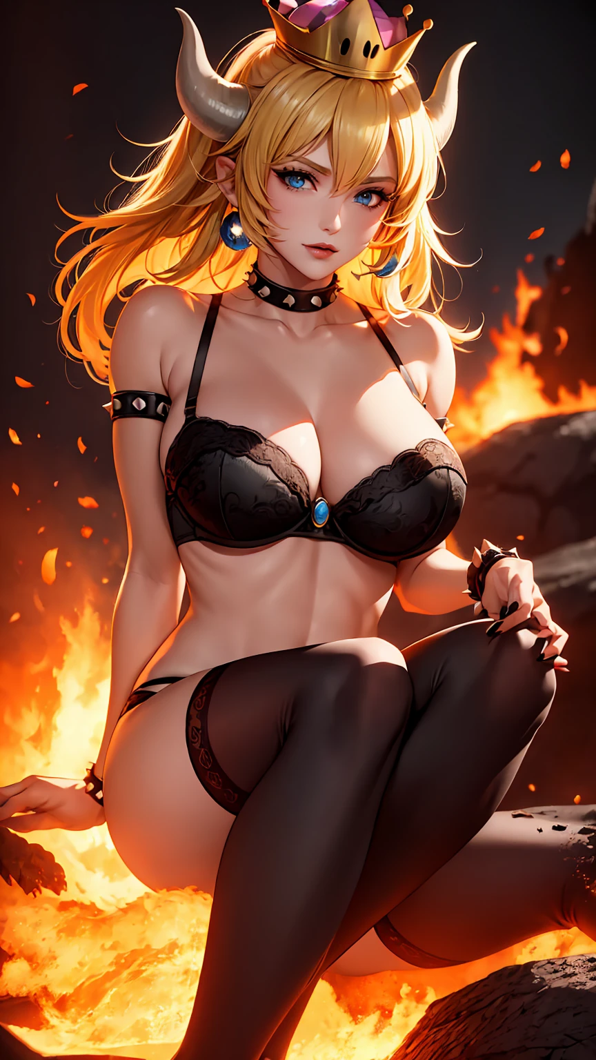 ((high detailed, best quality, 4k, masterpiece, hd:1.3)), ((best quality)), (((HD))), (((8k))), (ultraDH), (ultra HD), Princess Daisy, blue eyes, BREAK blue eyes, seductive, attractive, smooth anime cg art, 36C ???????, long legs, vivid colors, detailed digital art, slim body, perfect skin, dark blonde hair, long hair, blonde hair, blonde hair, BREAK crown, cleavage, 36C cleavage, looking at viewer, BREAK looking at viewer, extremely detailed face, red santa suit, red santa claus suit, santa claus suit, earrings, gem, dark black makeup lips, dark gothic eyeshadows, dark eyeshadows, black eyeshadows, black ???? lips, black lips, (dark:1.2), dark lips, very dark lips, (perfect hands, perfect ???????), black makeup, black medium lips, black thick lips, detailed fingers, five fingers per hand, 5 fingers, (1 girl), detailed lips, detailed black lips, black painted lips, gothic painted lips, BREAK night, night sky, (????????????), (arms outstreched:1.2), (from above:1.1), (??????? out:1.3), (off shoulder:1.1), (white horns), (((bra with straps))), inside a lava castle, she inside a sea of lava, she bathing in lava, full body, perfect long legs, perfect foots, legs and foots into the lava,