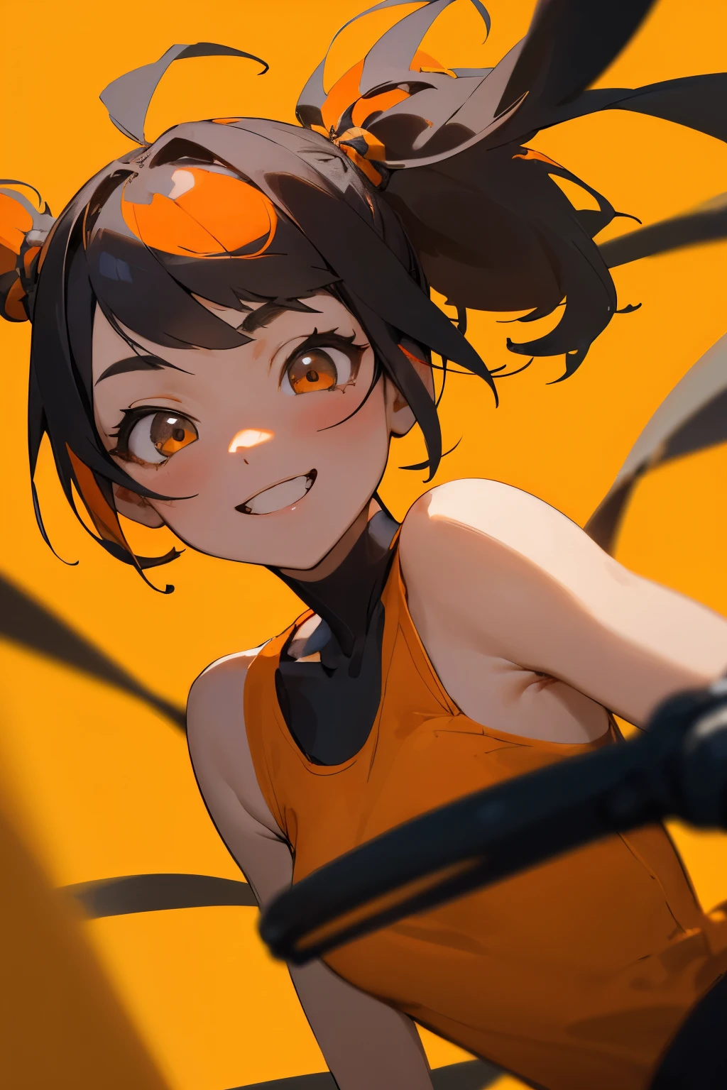 A charming girl with vibrant orange and black hair, carefully tied in two ponytails, adopts a safety pose in this exquisitely crafted image. The portrayal of her cheerful smile is heartwarming under studio lighting, which highlights the vivid colors and isometric view of her features. The details are ultra-detailed, rendering every strand of her hair and every curve of her face with exceptional clarity. ISO 100 guarantees the best possible image quality, ensuring a true-to-life representation of this captivating subject.