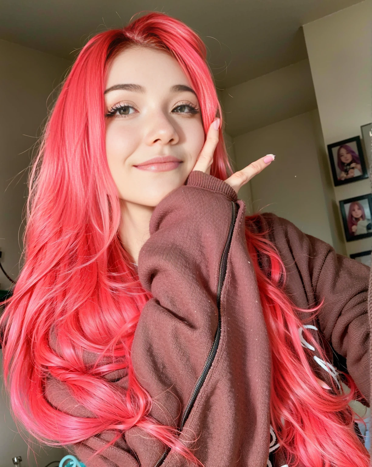 Arafed woman with pink hair and brown sweater posing for a photo, Beautiful Delphine, red wig, She has long redorange hair, red tinted hair, with pink hair, Long loose pink hair, Long pink hair, with long hair and red, Amouranth, Pokimane, pink straight hair, with red hair, double-tailed pink hair and cyan eyes