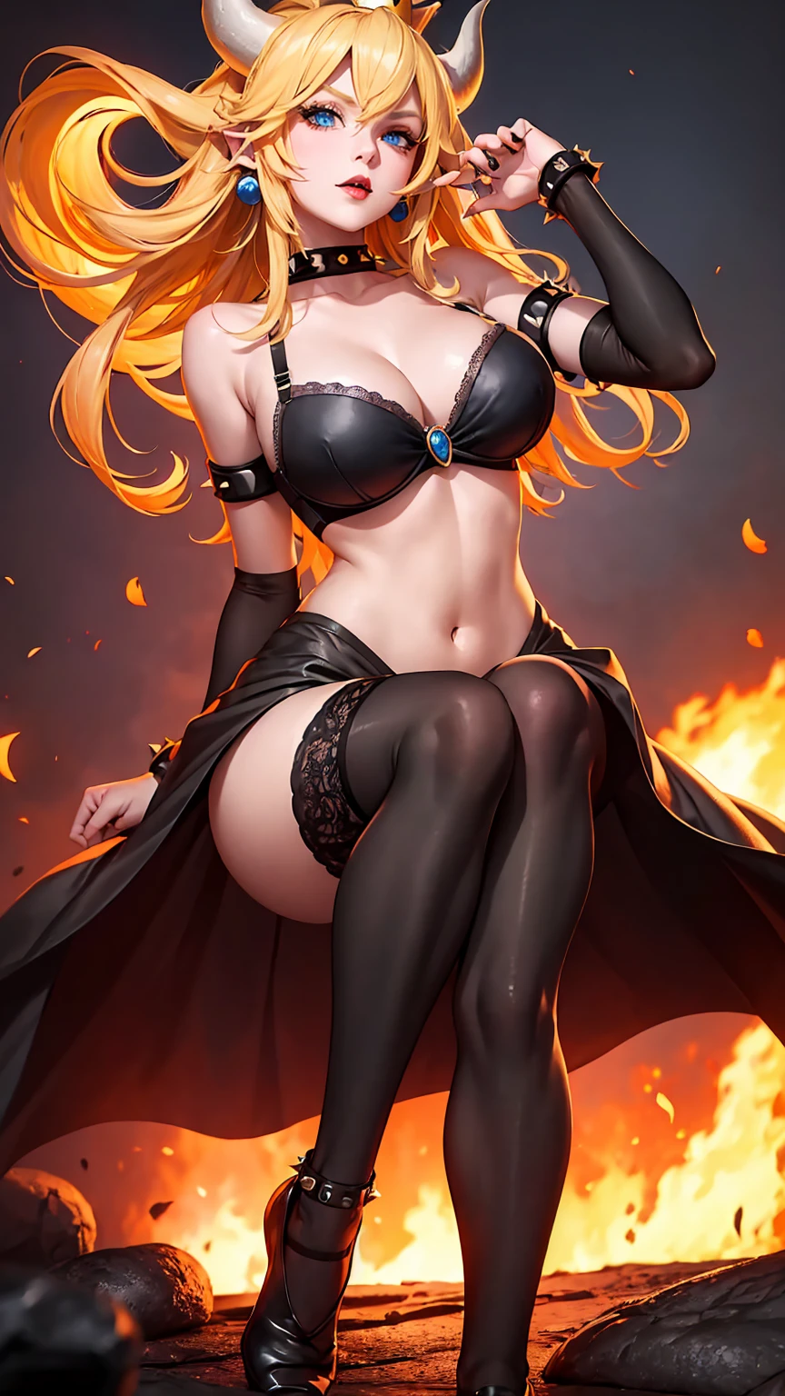 ((high detailed, best quality, 4k, masterpiece, hd:1.3)), ((best quality)), (((HD))), (((8k))), (ultraDH), (ultra HD), Princess Daisy, blue eyes, BREAK blue eyes, seductive, attractive, smooth anime cg art, 36C breasts, long legs, vivid colors, detailed digital art, slim body, perfect skin, dark blonde hair, long hair, blonde hair, blonde hair, BREAK crown, cleavage, 36C cleavage, looking at viewer, BREAK looking at viewer, extremely detailed face, red santa suit, red santa claus suit, santa claus suit, earrings, gem, dark black makeup lips, dark gothic eyeshadows, dark eyeshadows, black eyeshadows, black sexy lips, black lips, (dark:1.2), dark lips, very dark lips, (perfect hands, perfect anatomy), black makeup, black medium lips, black thick lips, detailed fingers, five fingers per hand, 5 fingers, (1 girl), detailed lips, detailed black lips, black painted lips, gothic painted lips, BREAK night, night sky, (breast focus), (arms outstreched:1.2), (from above:1.1), (breasts out:1.3), (off shoulder:1.1), (white horns), (((bra with straps))), inside a lava castle, she inside a sea of lava, she bathing in lava, full body, perfect long legs, perfect foots, legs and foots into the lava,
