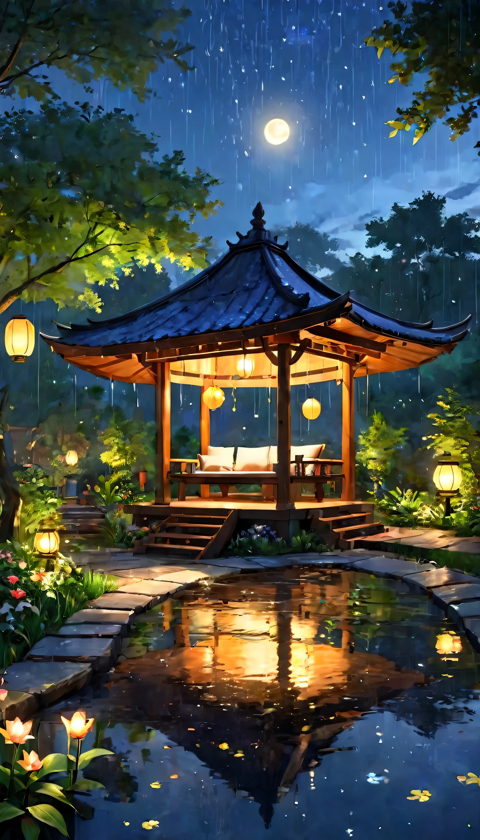 Envision a moonlit garden scene at night, designed to mirror the calming effect of rain sounds for deep sleep. In the center, a small, open-air wooden pavilion, bathed in the soft, ambient light of hanging lanterns, offers a sheltered haven. The garden around it is alive with the gentle movement of rain, each drop creating concentric circles in a tranquil pond, reflecting the moon and lantern light. The delicate sound of raindrops tapping on broad, green leaves and the soft, continuous patter on the pavilion's roof compose a natural lullaby. This serene setting is framed by the silhouette of towering trees against a star-speckled sky, their leaves whispering with the rain. The air is fresh with the scent of wet earth and growing things, enhancing the sensory experience. This image is a visual symphony of peace and serenity, inviting the viewer to feel the quietude and gentle rhythm of rain at night, perfect for lulling one into a restful sleep