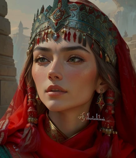 Close-up of a woman wearing a red headdress and red scarf., inspired by Liu Ji, based on Fikret Mualla Saygin, inspired by Pal Balkay, Adar Darnov, & her facial expression is solemn, Ancient Princess Libu, Imogen Poots as a holy warrior, Abdullah Gergouri