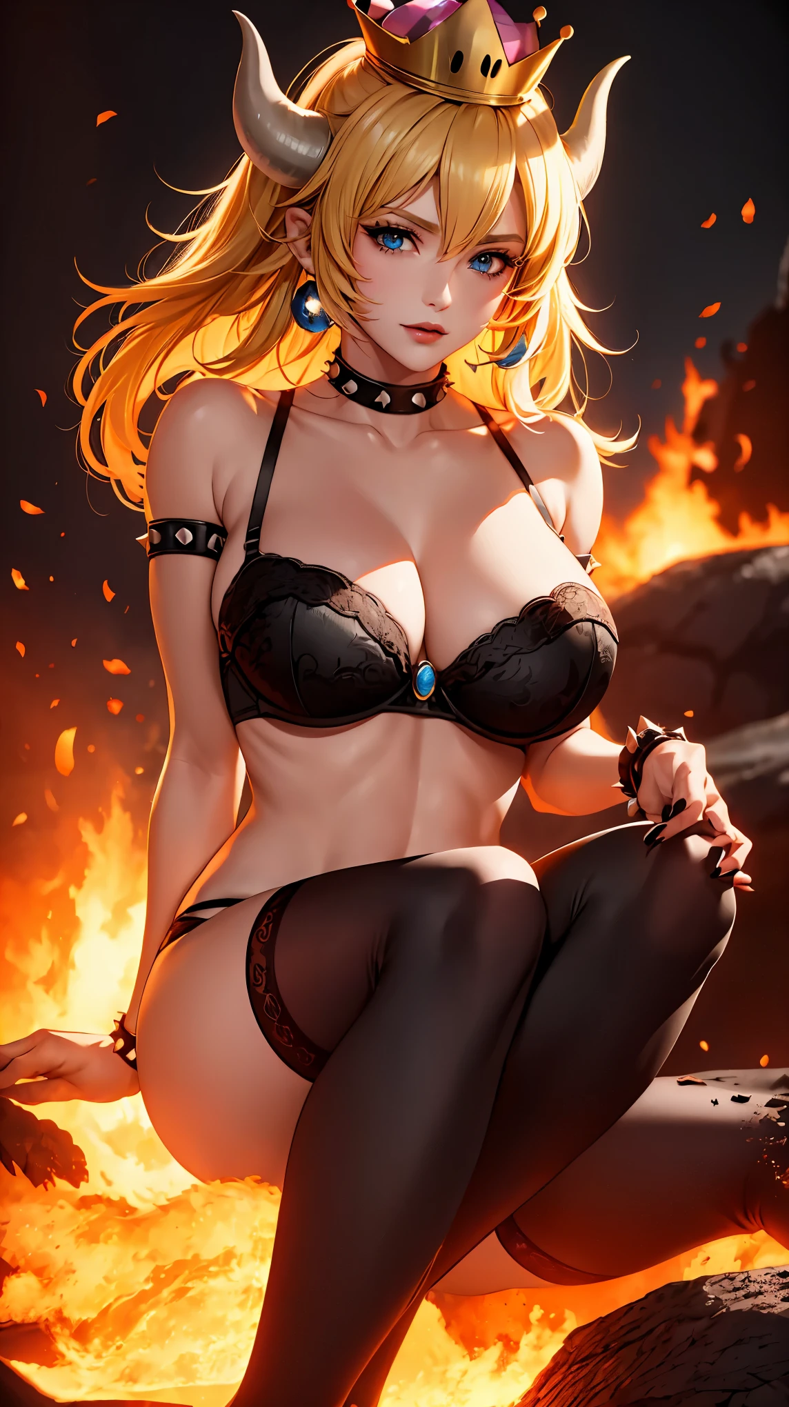 ((high detailed, best quality, 4k, masterpiece, hd:1.3)), ((best quality)), (((HD))), (((8k))), (ultraDH), (ultra HD), Princess Daisy, blue eyes, BREAK blue eyes, seductive, attractive, smooth anime cg art, 36C breasts, long legs, vivid colors, detailed digital art, slim body, perfect skin, dark blonde hair, long hair, blonde hair, blonde hair, BREAK crown, cleavage, 36C cleavage, looking at viewer, BREAK looking at viewer, extremely detailed face, red santa suit, red santa claus suit, santa claus suit, earrings, gem, dark black makeup lips, dark gothic eyeshadows, dark eyeshadows, black eyeshadows, black sexy lips, black lips, (dark:1.2), dark lips, very dark lips, (perfect hands, perfect anatomy), black makeup, black medium lips, black thick lips, detailed fingers, five fingers per hand, 5 fingers, (1 girl), detailed lips, detailed black lips, black painted lips, gothic painted lips, BREAK night, night sky, (breast focus), (arms outstreched:1.2), (from above:1.1), (breasts out:1.3), (off shoulder:1.1), (white horns), (((bra with straps))), inside a lava castle, she inside a sea of lava, she bathing in lava, full body, perfect long legs, perfect foots, legs and foots into the lava,