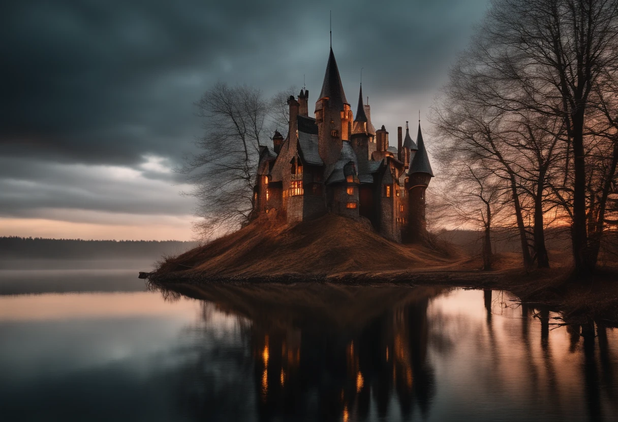 analog photo surreal winter lake, dark, sunset clouds, thriller BREAK
cloudy sky BREAK,
(archviz hut wooden treebark castle:1.3) by (lake:1.3), dark, treeliches BREAK
lake BREAK
front view (car silver:1.5)in water. giant BREAK
lake