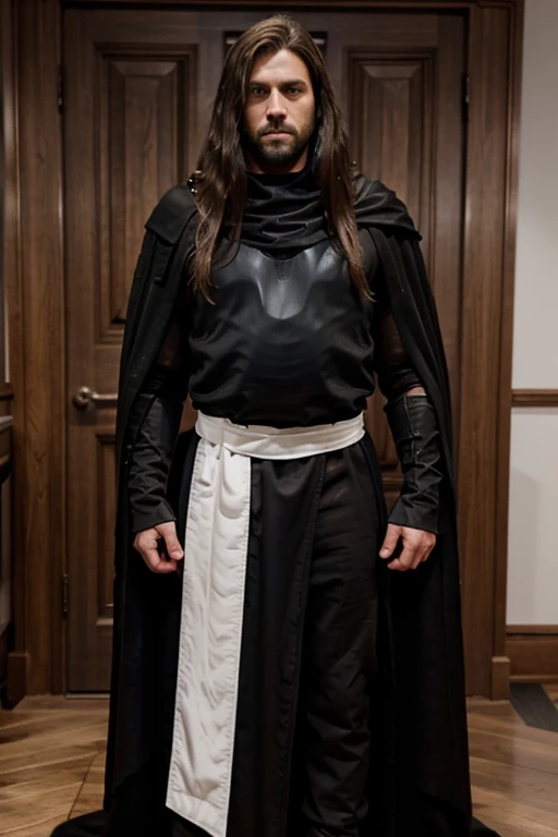 Black long Cloak, brown shoulder length hair, no beard, male, full body black plate armor, white neck brace