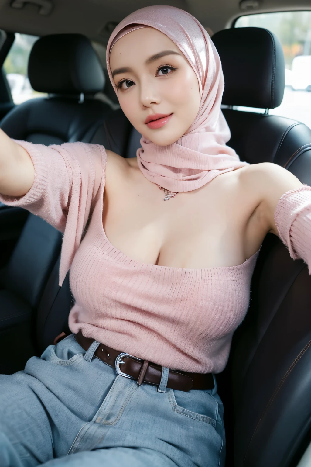 1 lady, 20 years old, best body,  wearing pink hijab, hijab covers whole hair, wearing brown sweater, off shoulder, warm lighting , sitting in car, seat belt, night time, casual wear, close shot, shot from high angle, wearing big necklace, shiny skin, big breast (huge breast 1.6), selfie style