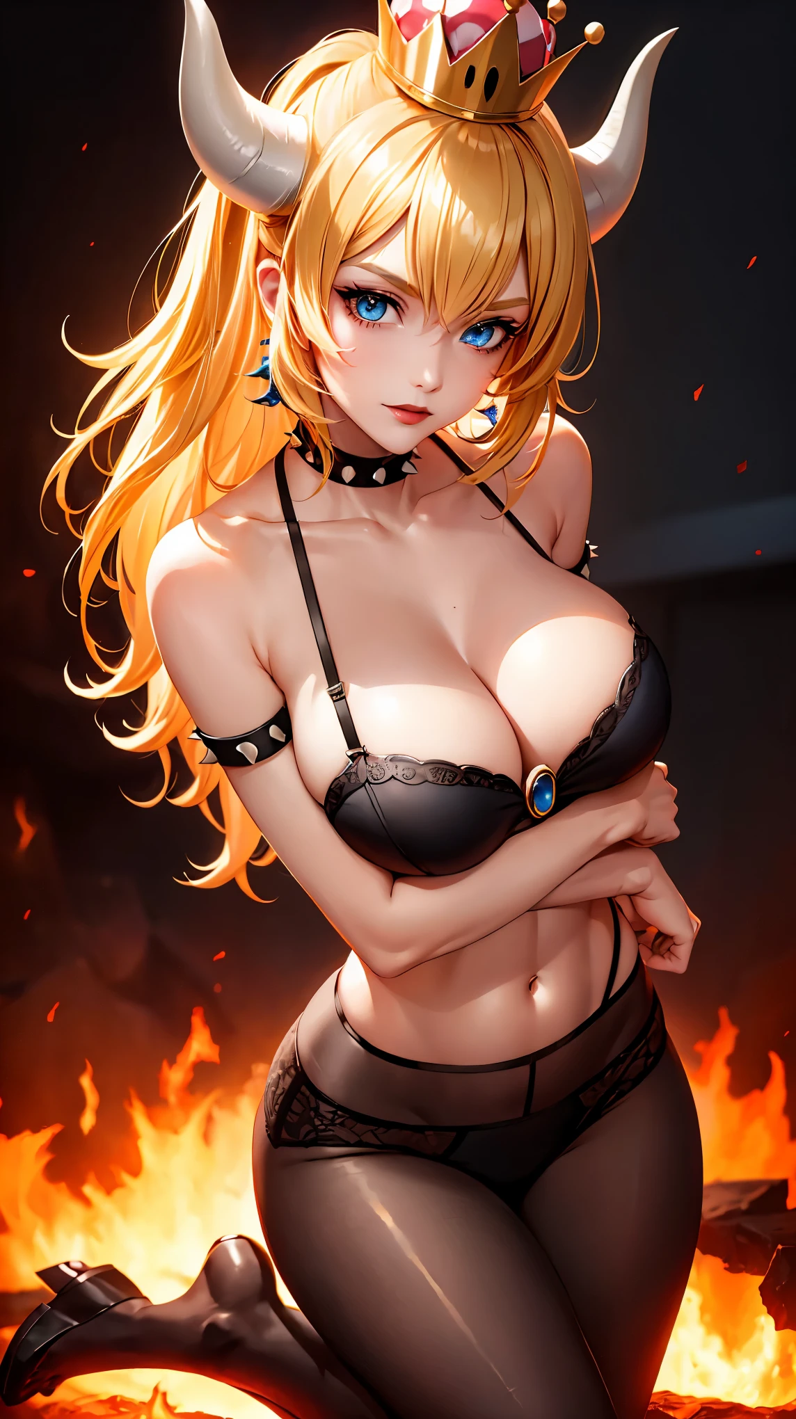 ((high detailed, best quality, 4k, masterpiece, hd:1.3)), ((best quality)), (((HD))), (((8k))), (ultraDH), (ultra HD), Princess Daisy, blue eyes, BREAK blue eyes, seductive, attractive, smooth anime cg art, 36C breasts, long legs, vivid colors, detailed digital art, slim body, perfect skin, dark blonde hair, long hair, blonde hair, blonde hair, BREAK crown, cleavage, 36C cleavage, looking at viewer, BREAK looking at viewer, extremely detailed face, red santa suit, red santa claus suit, santa claus suit, earrings, gem, dark black makeup lips, dark gothic eyeshadows, dark eyeshadows, black eyeshadows, black sexy lips, black lips, (dark:1.2), dark lips, very dark lips, (perfect hands, perfect anatomy), black makeup, black medium lips, black thick lips, detailed fingers, five fingers per hand, 5 fingers, (1 girl), detailed lips, detailed black lips, black painted lips, gothic painted lips, BREAK night, night sky, (breast focus), (arms outstreched:1.2), (from above:1.1), (breasts out:1.3), (off shoulder:1.1), (white horns), (((bra with straps))), inside a lava castle, she inside a sea of lava, she bathing in lava, full body, perfect long legs, perfect foots, legs and foots into the lava,