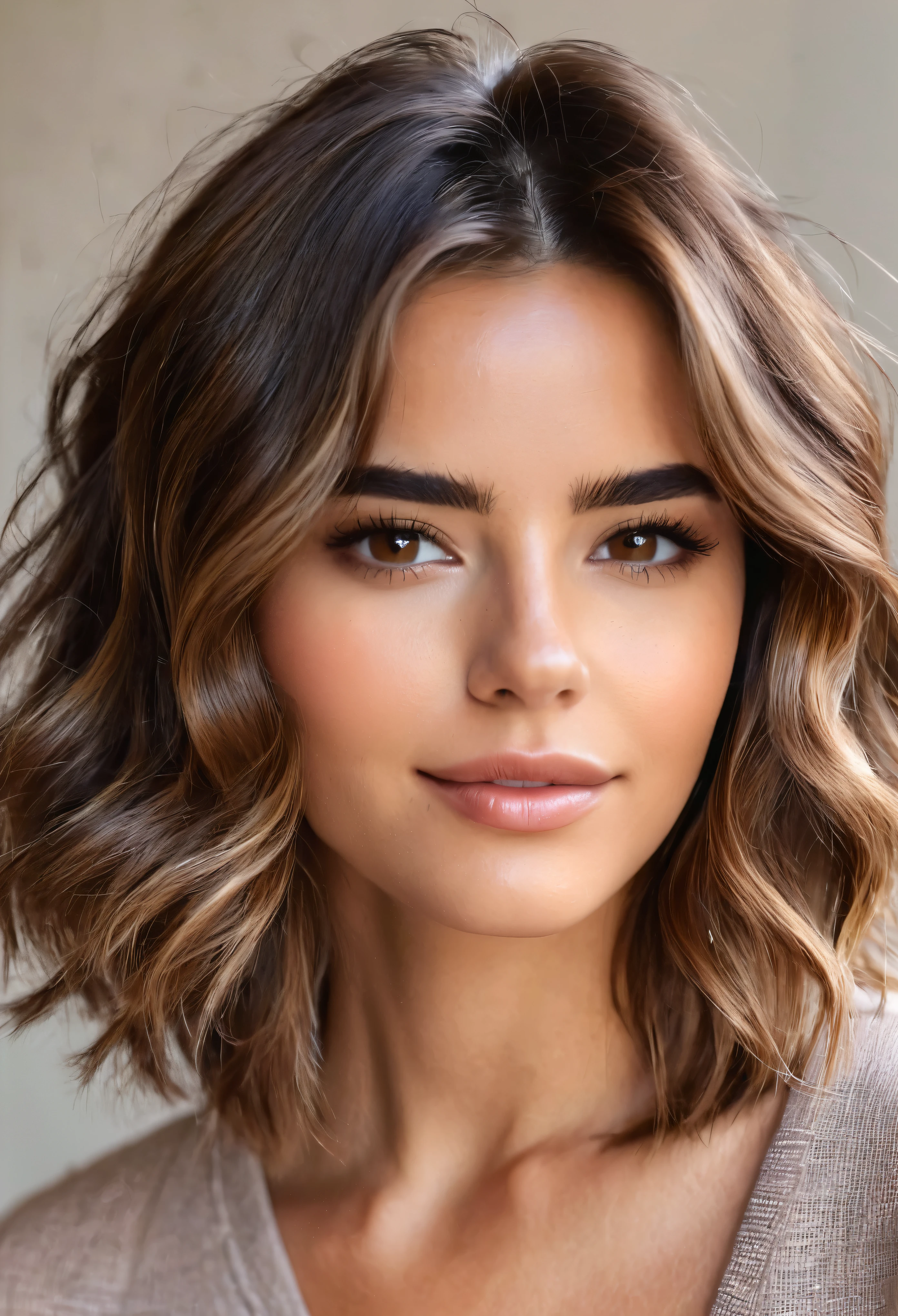 pretty face with somewhat pronounced features, cabelos castanhos e levemente ondulados