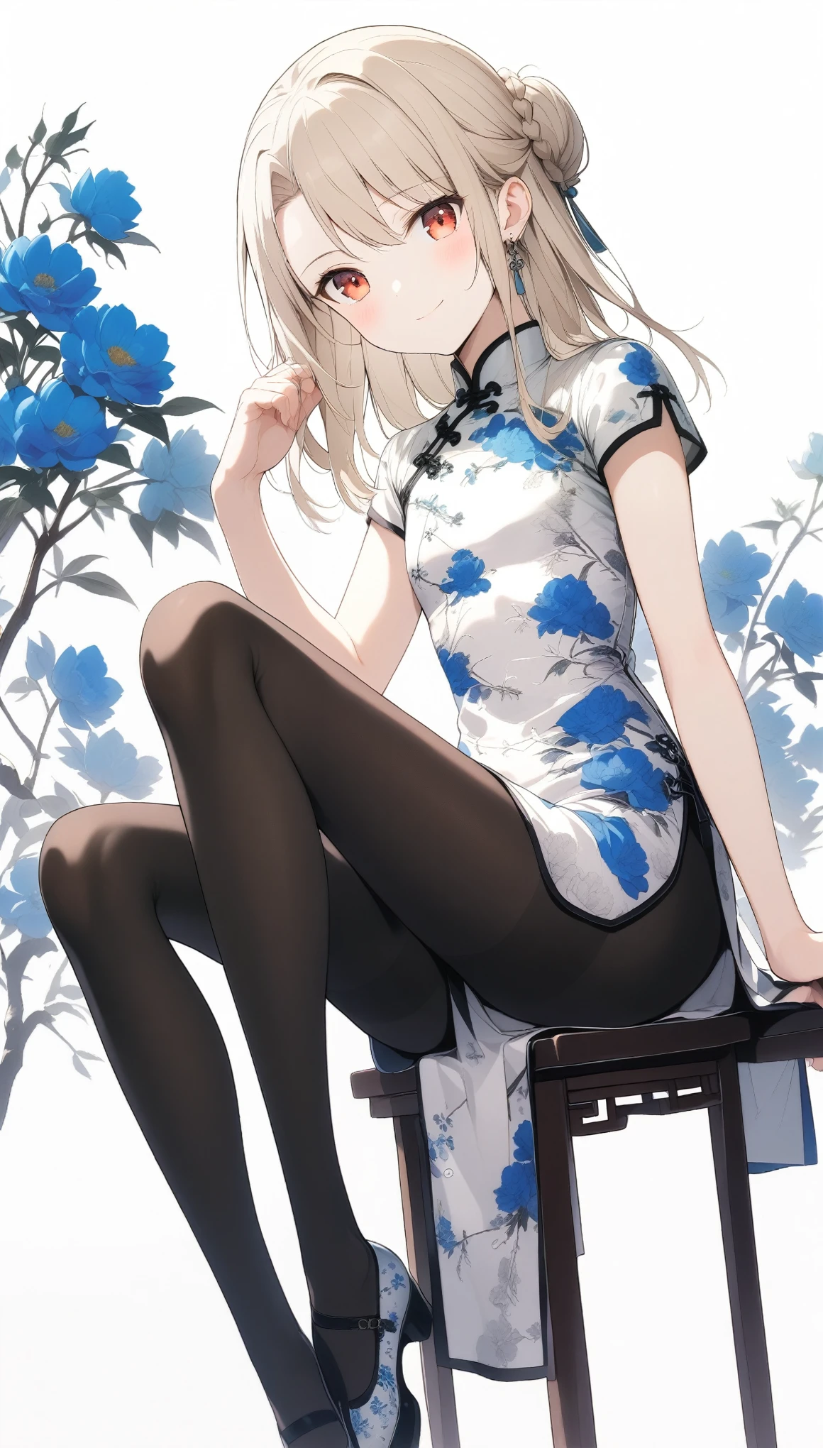 qipao,1girl,(illyasviel von einzbern),red_eyes,cream hair,(french braid),smile,blue flower,breasts,china dress,chinese clothes,dress,earrings,floral print,cloth shoes,hand up,sitting,long hair,looking at viewer,pantyhose,print dress,simple background,smile,solo,white background