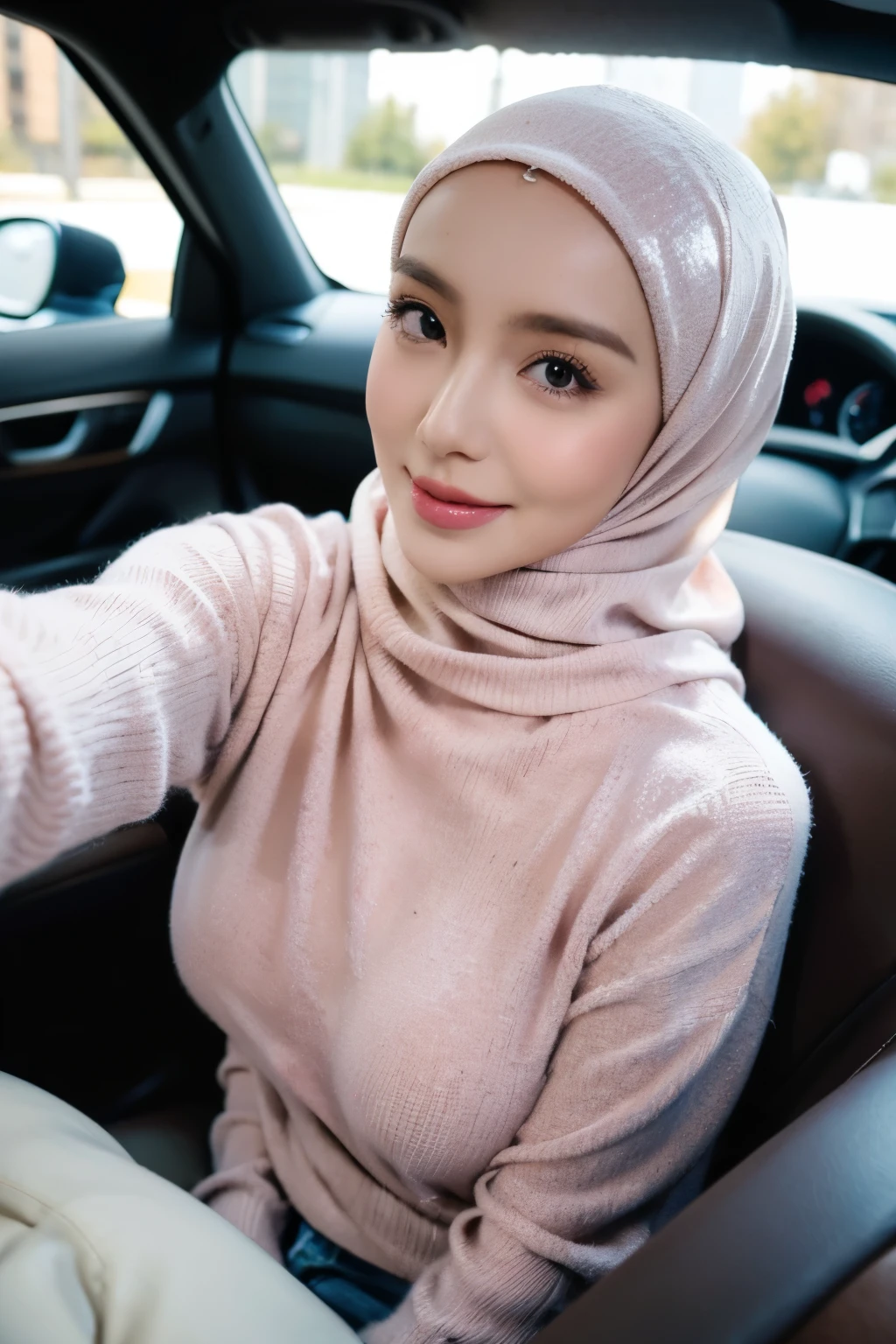 1 lady, 20 years old, best body,  wearing pink hijab, hijab covers whole hair, wearing brown sweater, off shoulder, warm lighting , sitting in car, seat belt, night time, casual wear, close shot, shot from high angle, wearing big necklace, shiny skin, big breast (huge breast 1.6), selfie style