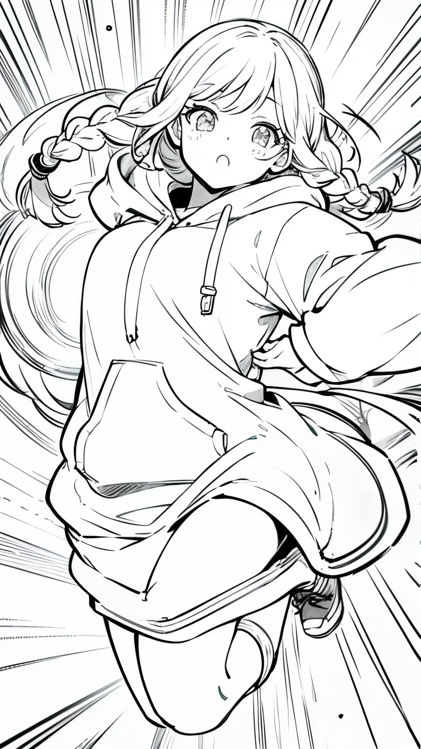 Line art, masterpiece, highest quality, Super Detail、Braid、Oversized hoodie,Cool expression,Dynamic pose,Jump