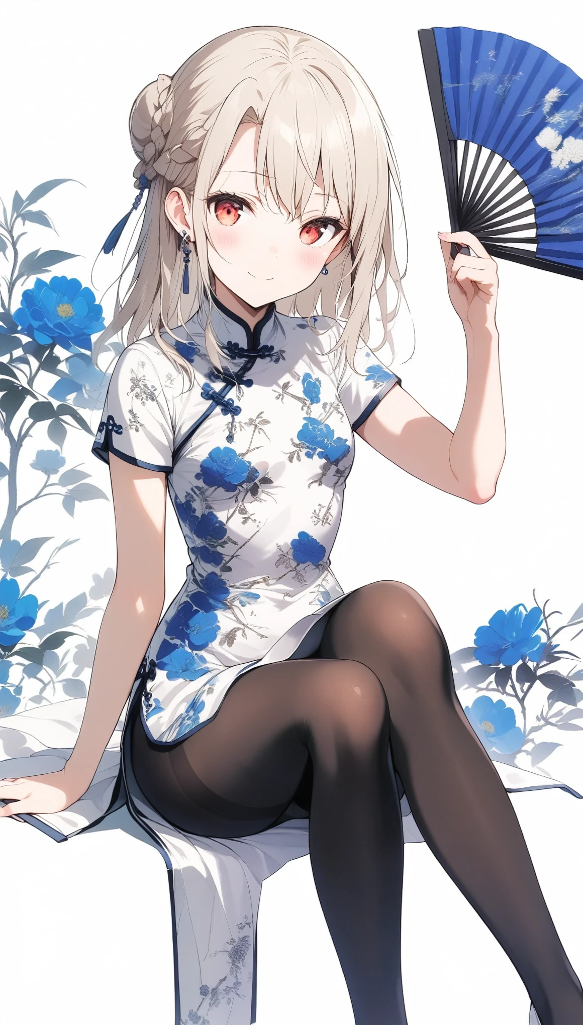 qipao,1girl,(illyasviel von einzbern),red_eyes,cream hair,(french braid),smile,blue flower,breasts,china dress,chinese clothes,dress,earrings,floral print,cloth shoes,folding fan,paper fan,sitting,long hair,looking at viewer,pantyhose,print dress,simple background,smile,solo,white background