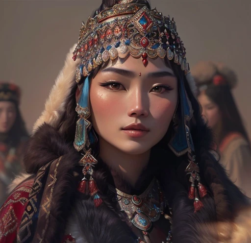 close-up of a woman in a headdress and fur coat, Ancient Princess Libu, young woman in the image of Genghis Khan, Kazakh empress, inspired by Liu Ji, frame from the series, Persian queen, She is dressed in shamanic clothes, screenshot from the film, Ancient Young Girl Libu, beautiful iranian woman, traditional clothes