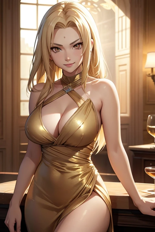 shoulder-length blonde hair, light effect, soft, super clear, high-definition picture, (front), masterpiece, cinematic lighting, Tsunade hokage, orange eyes, blonde hair, 1girl, solo, looking at viewer, smile, large breast, open shoulder, gold long dress, wine glass holding, gala dinner