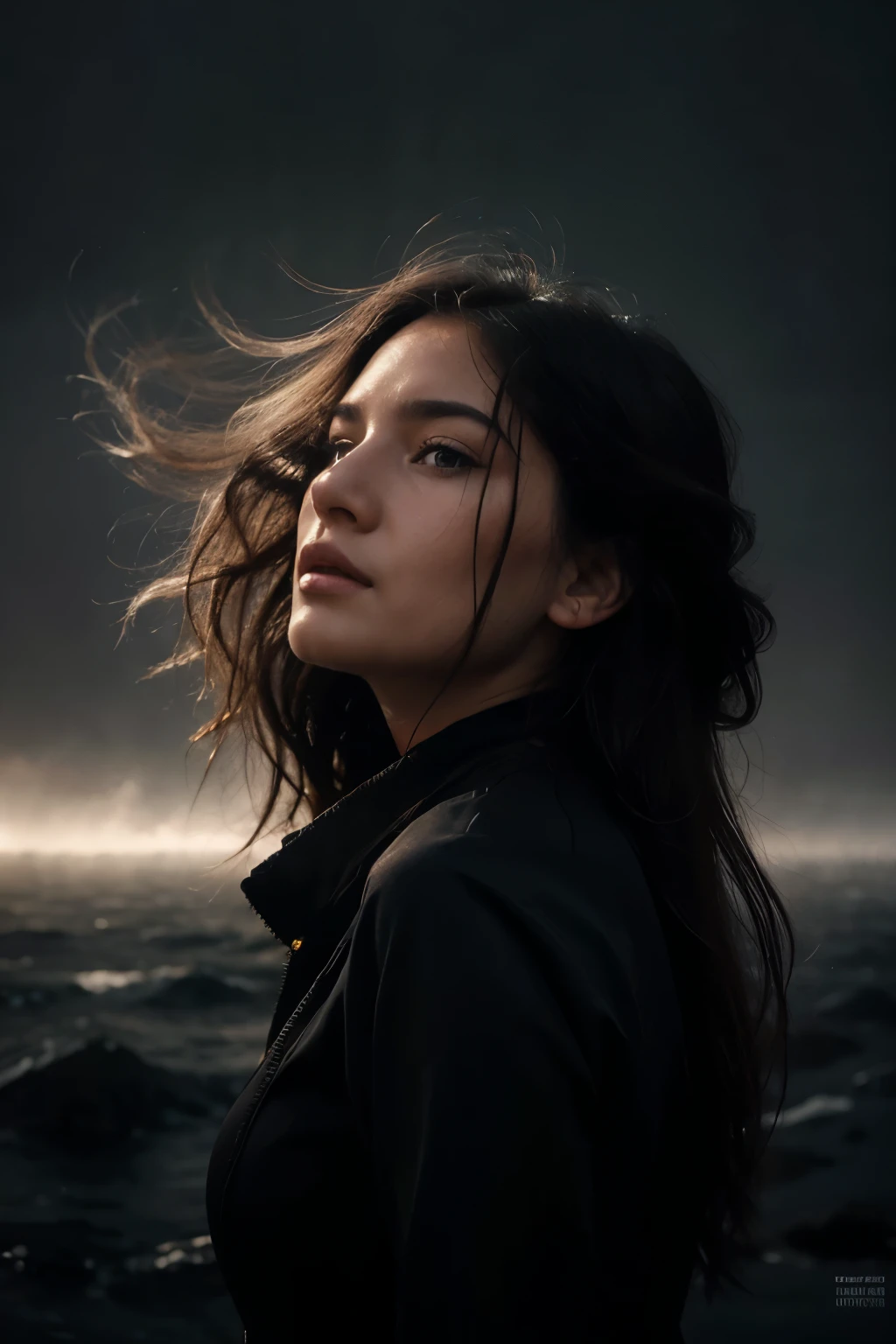 a black and white photo look From behind the thick fog appeared of a uzbek woman's face with strands of hair blowing in the wind covering her face by irakli nadar, open eyes, dynamic pose, floating hair, perfect object,  foggy weather, motion blur, tumblr, flora borsi, melancholic art, emotive portrait, wlop, 8k, artistic, surreal portrait photography, yuri shwedoff and tom bagshaw