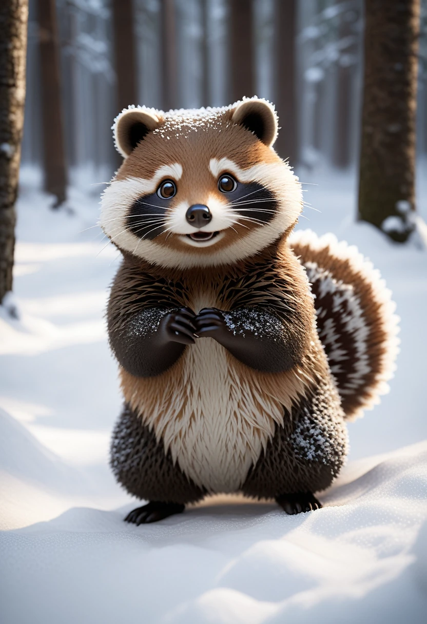In a snowy forest, where the air crackles with magic, a tanuki emerges from the shadows. Its playful eyes gleam with mischief, its fluffy tail twitching with anticipation. Its shape-shifting abilities ripple through its form, adapting to the winter wonderland around it, (masterpiece, best quality, Professional, perfect composition, very aesthetic, absurdres, ultra-detailed, intricate details:1.3)