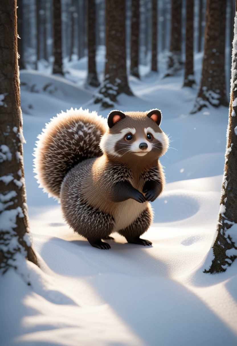 In a snowy forest, where the air crackles with magic, a tanuki emerges from the shadows. Its playful eyes gleam with mischief, its fluffy tail twitching with anticipation. Its shape-shifting abilities ripple through its form, adapting to the winter wonderland around it, (masterpiece, best quality, Professional, perfect composition, very aesthetic, absurdres, ultra-detailed, intricate details:1.3)