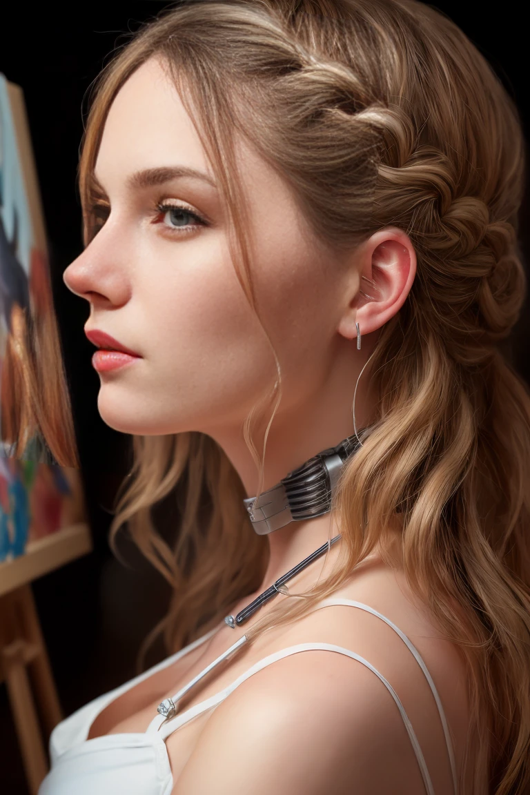 The easel, the paints, the artist, standing Full-length, Sexy cyborg woman drawing self-portrait in oil paints, french braid, blonde hair, (Best quality, 4K, 8k, A high resolution, masterpiece:1.2), absurdity, masterpiece, ultra detailed, Side view:1.2, (realistic, photorealistic, photorealistic:1.37), complex parts, HDR, (complex parts:1.12), (hyper detailed, hyper realistic, Soft lighting, spicy:1.2), beautiful figure, Magnificent Anatomy, (complex part, Hyper detailed:1.15), Smooth skin,