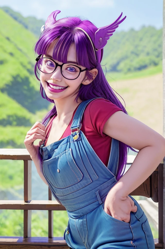 (masterpiece, highest quality;1.3), Super detailed, One girl, alone, Arale, Glasses, blue eyes, Long Hair,Purple Hair, Short sleeve, Wing Hat, Wing Cap, Red Shirt, Blue Overalls, smile,
Rural village background