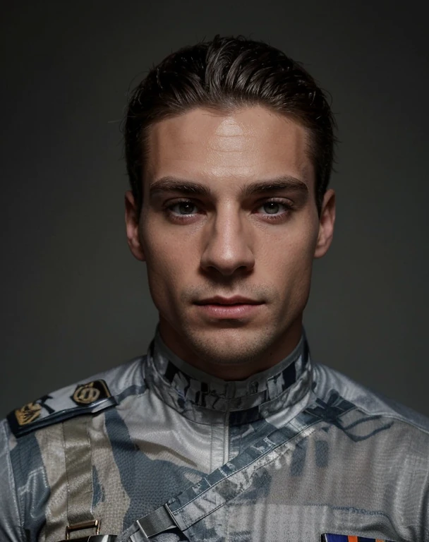 A hyper realistic, Very detailed, et image haute résolution. 28 ans, beau homme masculin aux physique sportif. He has short light white hair and pale skin. , et est vêtu d'un uniforme militaire. Il a une #cicatrice sur l'oeil droit et l'oeil gauche bleu