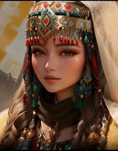 close-up of a woman wearing a headdress and scarf, Ancient Princess Libu, inspired by Liu Ji, looks like ebru sahin, traditional beauty, inspired by Aishiya Tashkin, lovely bohemian princess, based on Fikret Mualla Saygin, he is om, & her facial expression is solemn
