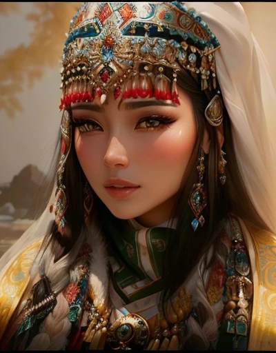 close-up of a woman wearing a headdress and scarf, Ancient Princess Libu, inspired by Liu Ji, looks like ebru sahin, traditional beauty, inspired by Aishiya Tashkin, lovely bohemian princess, based on Fikret Mualla Saygin, he is om, & her facial expression is solemn