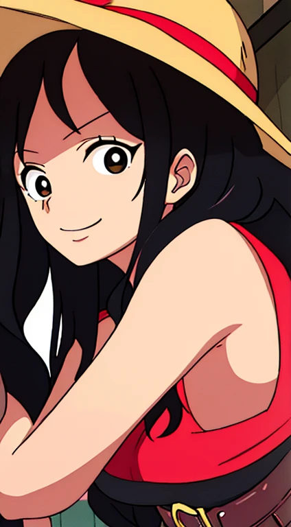 Female version of Monkey D Luffy, 1girl, black long hair, Strawhat, black top, red open coat, black skirt, best quality, masterpiece, smiling, red heels, cute, sexy, scar under left eye, anime, golden belt, extremely beautiful, highres, high quality eyes, ((masterpiece)), (best quality), (extremely detailed), depth of field, sketch, dark intense shadows, sharp focus, soft lighting, hdr, colorful, good composition, spectacular, anime screencap, (Highest quality illustrations:1.2), (Kawaii Girl:1.1), (1girl in, solo:1.5), One pose、Neat and clean image、ultradetailed eyes:1.2), ((black-eyed、Black hair:1.5))、hair wavy、curlyhair、taken from the under,huge smile、hair wavy、BREAK(top-quality、ultra-detailliert、highly detailed and beautiful、超A high resolution、Detailed arm:1.2)、sideways Facing、a closeup、bustup, Wink, beautiful garden in background,