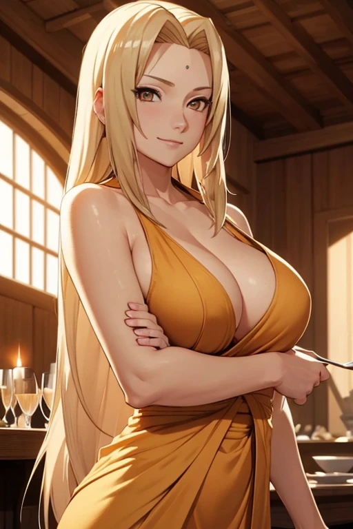 shoulder-length blonde hair, light effect, soft, super clear, high-definition picture, (front), masterpiece, cinematic lighting, Tsunade hokage, orange eyes, blonde hair, 1girl, solo, looking at viewer, smile, large breast, open shoulder, gold long dress, wine glass holding, gala dinner