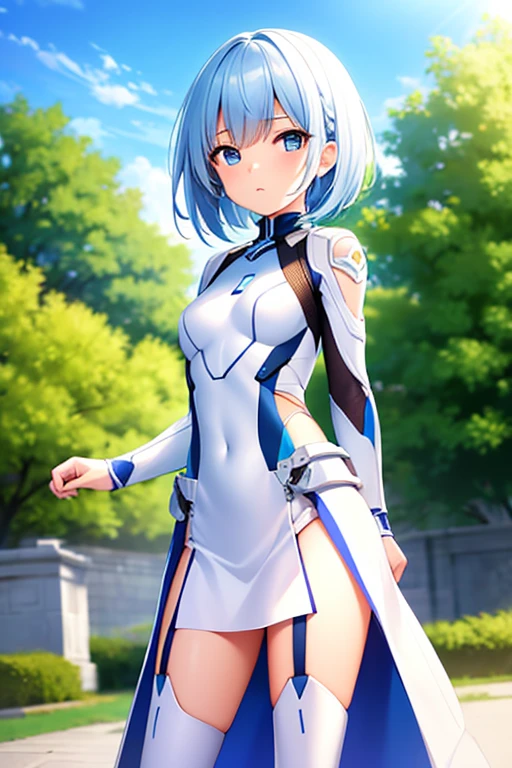 White combat suit with blue pattern, pretty girl, Pixie Cut Hair, Small breasts, Flat Chest, Outdoor, blue sky, Canon, masterpiece, high quality, Attention to detail, Textured skin